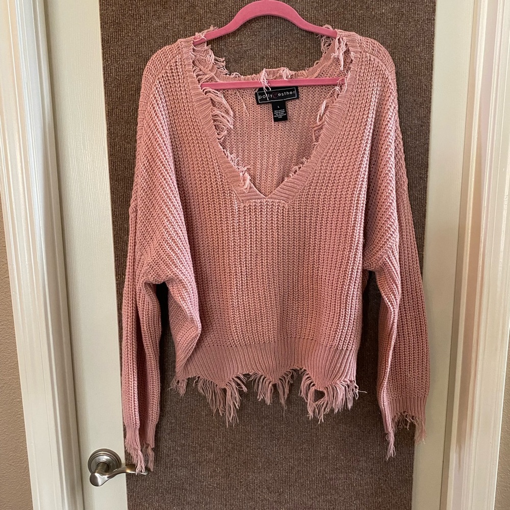 Polly & Esther Frayed Pink V-Neck Sweater NWOT